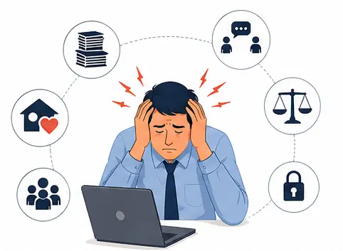 Vector illustration showing common causes of Anger Issues at Work including stress deadlines and poor communication