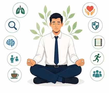 Psychology-based illustration showing healthy strategies for managing Anger Issues at Work including breathing communication and self-care