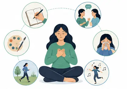 Healthy emotional release methods including journaling, crying and exercise illustration