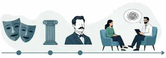 Illustration of the evolution of catharsis from Greek theater to modern therapy