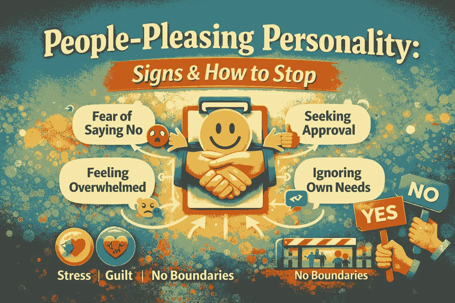 People-pleasing personality signs and emotional exhaustion concept