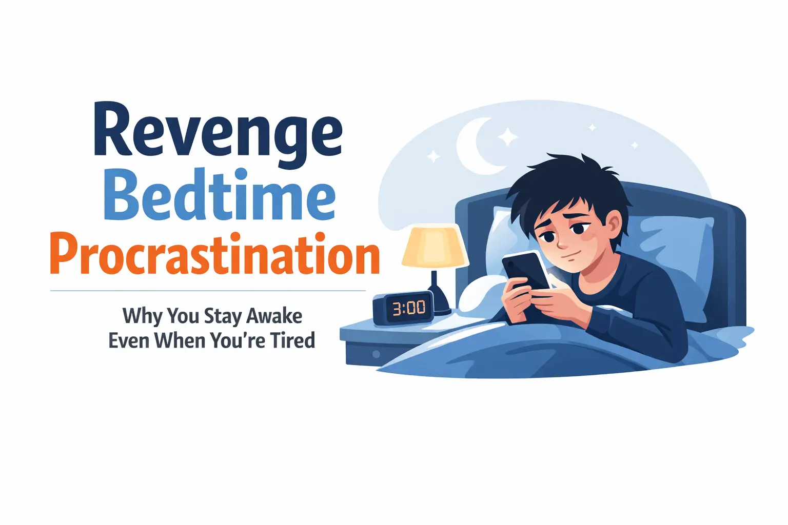 Illustration of revenge bedtime procrastination showing a tired person scrolling on a phone at 3 AM instead of sleeping.
