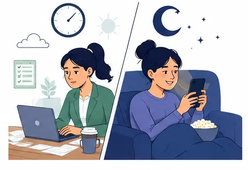 Vector illustration showing the psychological causes of revenge bedtime procrastination after a stressful day