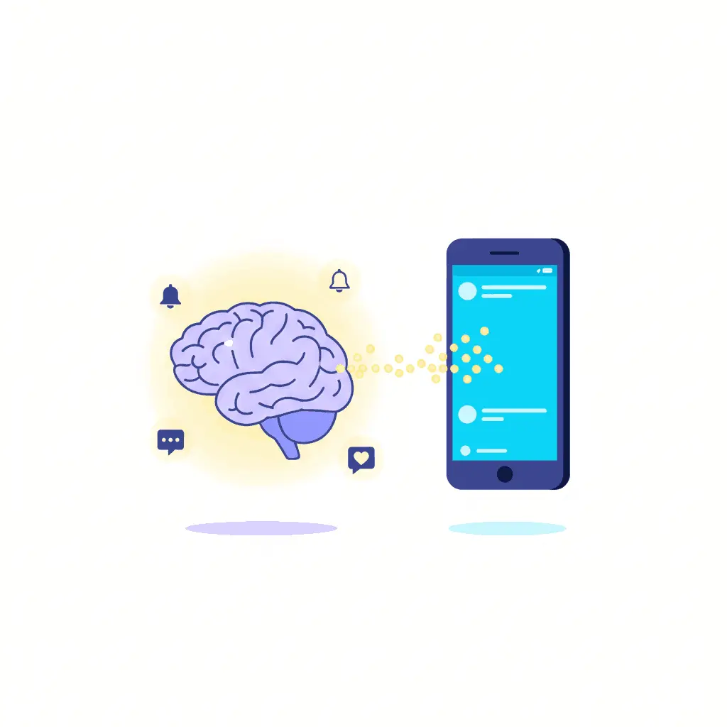 Vector illustration showing dopamine effect behind revenge bedtime procrastination and addictive scrolling behavior.