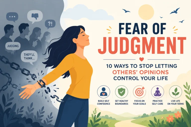 Flat vector illustration of a woman breaking free from fear of judgment and overcoming others' opinions, representing confidence, self-esteem, and personal growth.