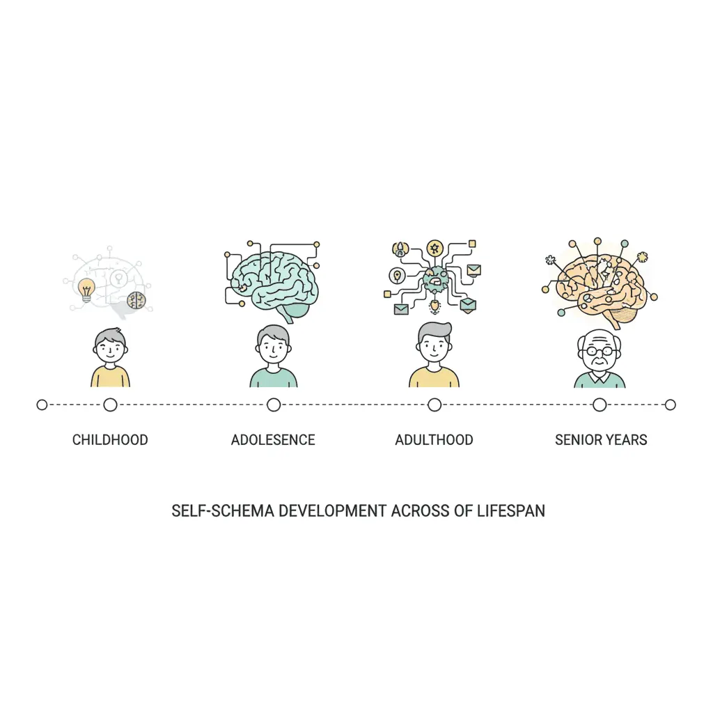 Illustration showing how self schema changes from childhood to later life