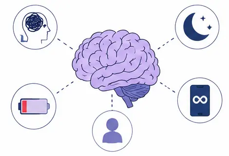 Psychology-based vector illustration explaining decision fatigue and revenge bedtime procrastination