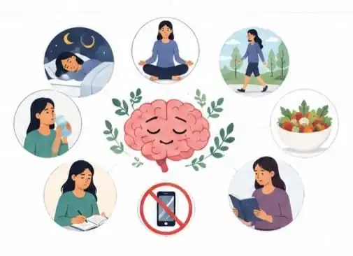 Healthy habits that help recover from mental tiredness including sleep exercise and journaling