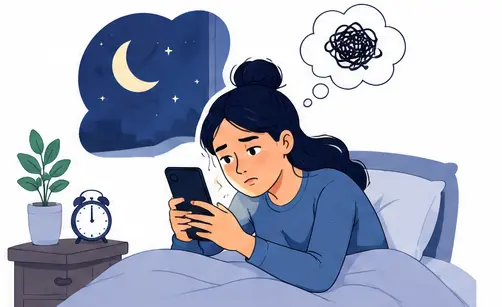 Revenge bedtime procrastination illustration showing a person scrolling on a phone instead of sleeping