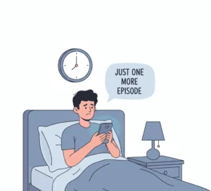 Illustration representing common signs of revenge bedtime procrastination like late night scrolling and guilt.