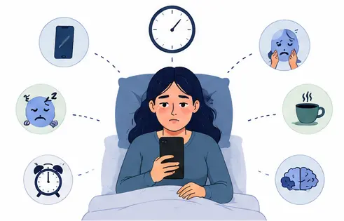 Common signs of revenge bedtime procrastination including late-night phone scrolling and sleep delay