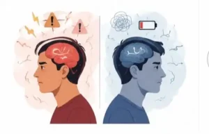 Difference between stress and mental tiredness illustrated with psychology vector graphics
