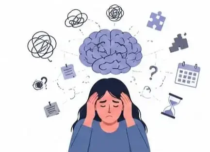 Mental tiredness illustration showing an overwhelmed brain struggling to focus