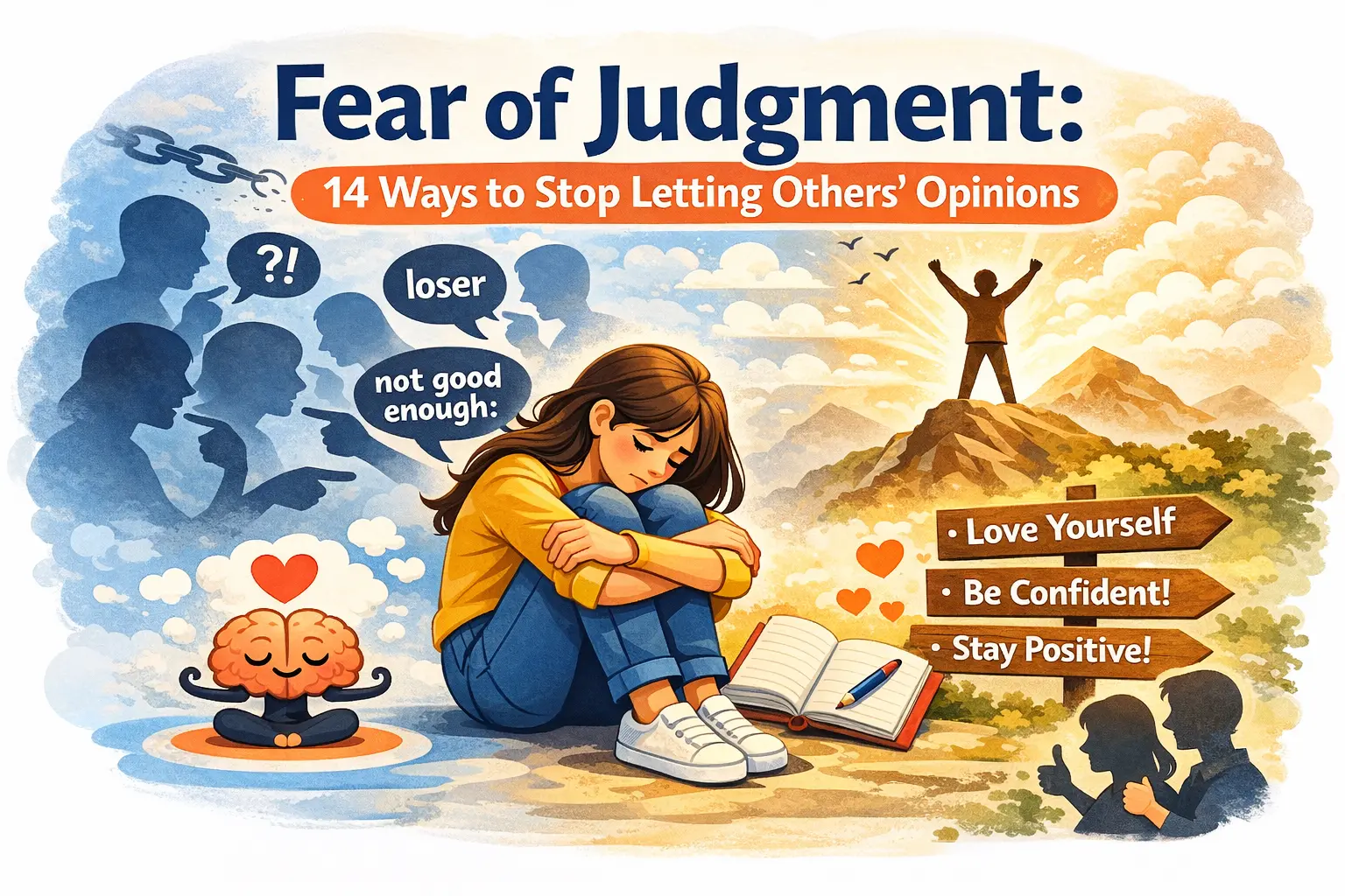 Fear of judgment illustration showing how worrying about others’ opinions affects confidence and mental health. Learn 14 practical ways to overcome fear of judgment, stop overthinking, build self-confidence, and live your life without worrying about what people think.