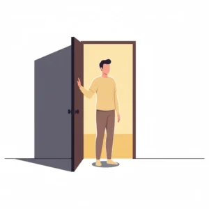 Vector psychology illustration of a person opening a door toward bright light, leaving behind a dark room with shadows, symbolizing recovery and courage after workplace bullying