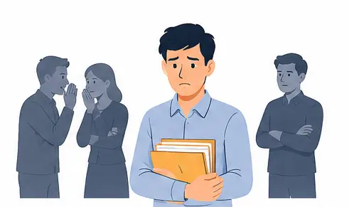 Workplace gaslighting illustration showing a new employee losing confidence because of manipulation by coworkers.