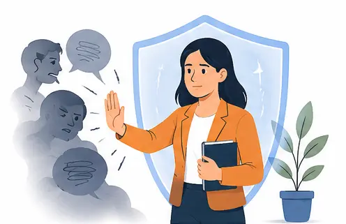 Workplace gaslighting illustration showing an employee confidently setting healthy workplace boundaries.