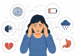 Workplace gaslighting illustration showing anxiety, stress, emotional exhaustion, insomnia, and loss of confidence.