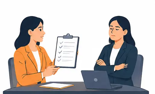 Workplace gaslighting illustration showing an employee documenting evidence and discussing concerns with HR.