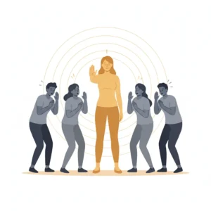 Vector illustration of a woman standing upright and speaking confidently while surrounding figures react with surprise, representing the moment someone stands up to workplace bullying