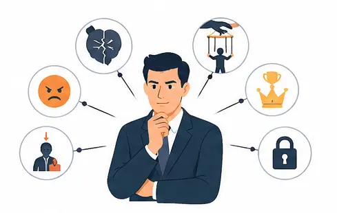 Workplace gaslighting psychology illustration explaining insecurity, control, fear, and manipulation in the workplace.