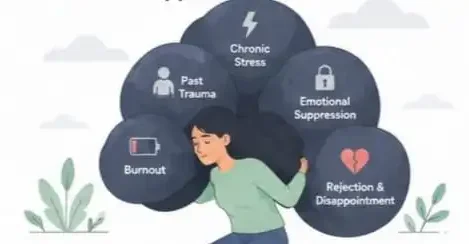 Psychology illustration of emotional numbness caused by stress trauma burnout and rejection