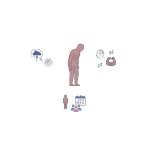 Psychology vector infographic illustration showing a human figure with visual indicators of psychological, physical, and behavioral signs of workplace bullying