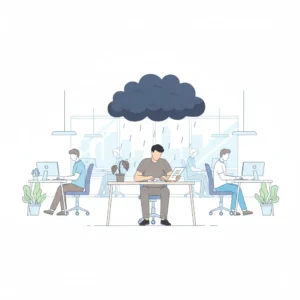Psychology vector illustration of a person sitting under a heavy dark storm cloud indoors at a desk, while other figures around them work under clear skies, symbolizing the mental health impact of workplace bullying