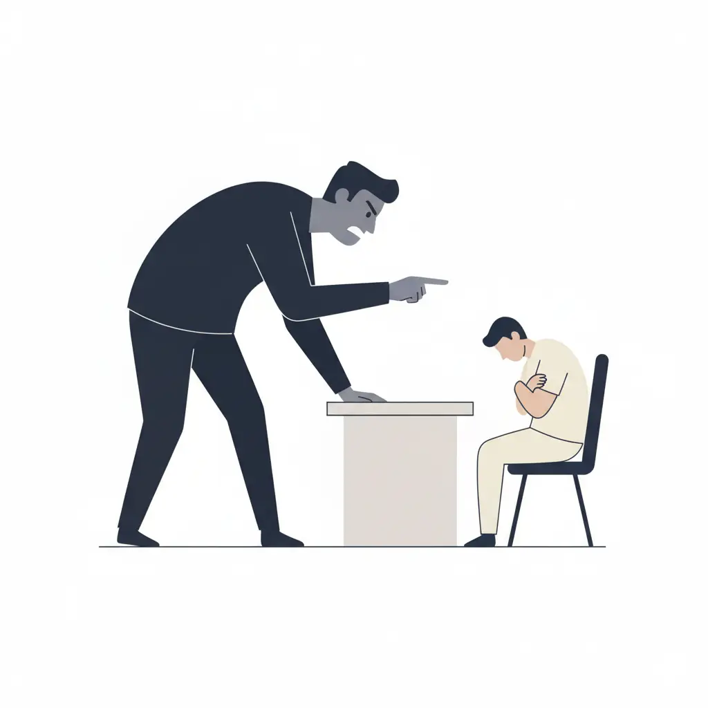 Vector illustration showing a large dominant figure pointing aggressively at a smaller figure sitting at a desk, representing the power imbalance in workplace bullying