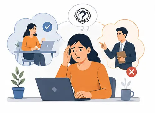 Workplace gaslighting illustration showing an employee questioning their memory after psychological manipulation in the office.