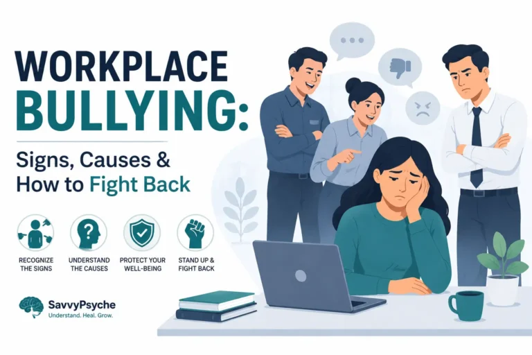 Workplace bullying illustration showing an employee being bullied by coworkers with psychology-based workplace stress vector design
