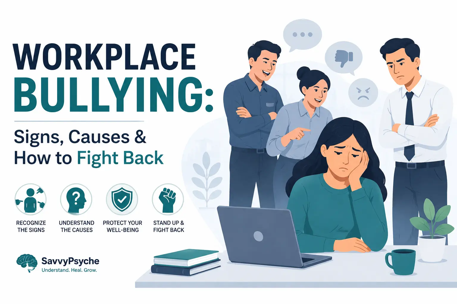 Workplace bullying illustration showing an employee being bullied by coworkers with psychology-based workplace stress vector design