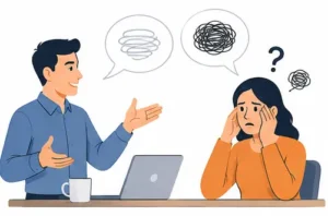 Workplace gaslighting illustration showing a coworker manipulating another employee through confusing conversations.
