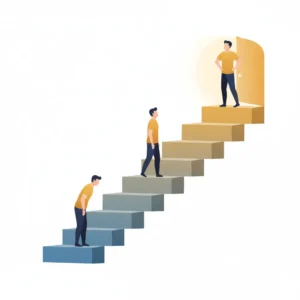 Psychology vector illustration of a person climbing upward steps labeled with protective actions, symbolizing the step-by-step process of overcoming workplace bullying