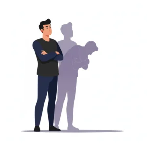 Psychology vector illustration of a confident-looking figure casting a shadow shaped like a frightened, insecure figure — symbolizing that bullies hide their insecurity behind aggression