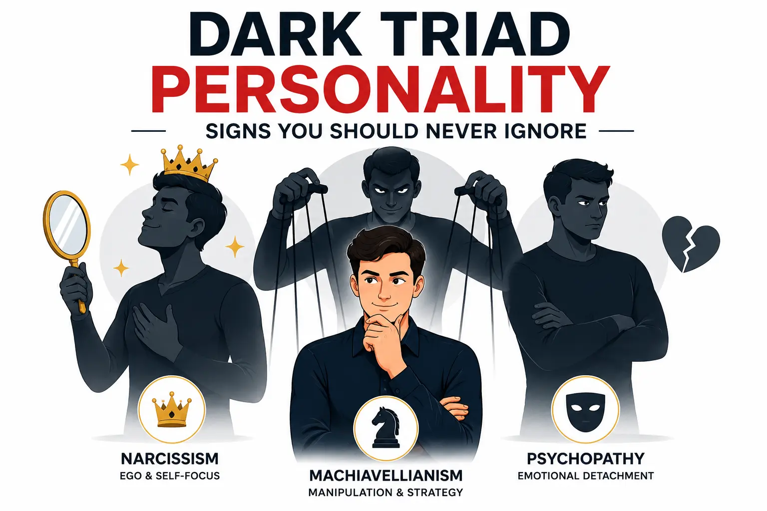 Dark triad personality vector illustration showing narcissism, manipulation, and emotional detachment on a white background