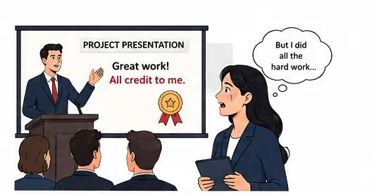 Vector illustration showing workplace manipulation and credit stealing behavior