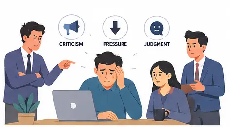 Employee experiencing fear of failure and anxiety in a toxic workplace