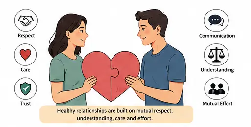 Vector illustration showing healthy relationships, trust, respect, and emotional balance