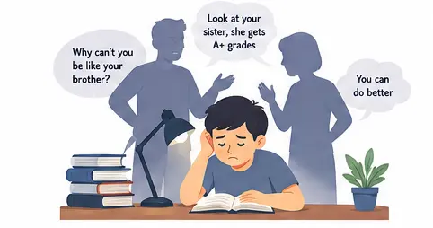 Vector illustration showing childhood pressure and fear of failure psychology