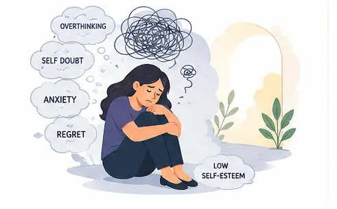 Mental health illustration showing anxiety and overthinking caused by fear of failure