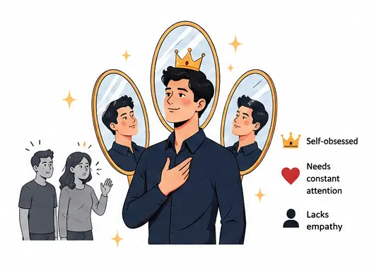Narcissistic personality vector illustration showing self obsession, ego, and attention seeking behavior
