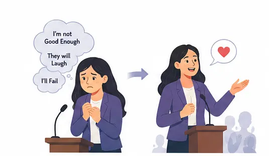Student overcoming fear of public speaking and gaining confidence during presentation