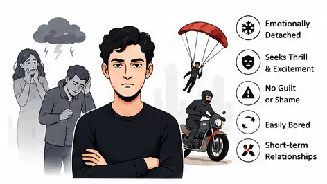 Psychopathic personality vector illustration showing emotional detachment and thrill-seeking behavior