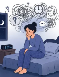 How to stop overthinking psychology illustration showing a person trapped in repetitive thoughts at night