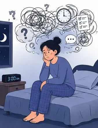 How to stop overthinking psychology illustration showing a person trapped in repetitive thoughts at night