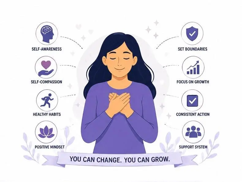 Psychology illustration of strategies to overcome self-sabotaging behaviors.