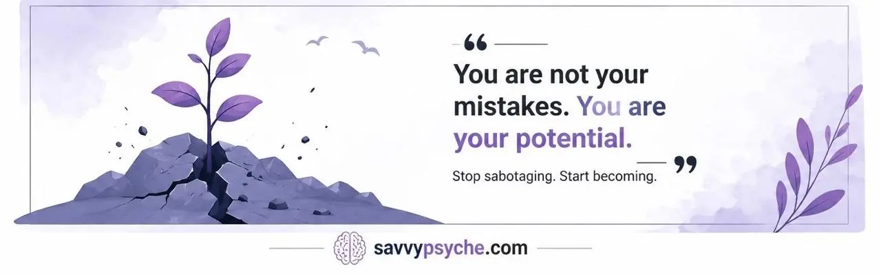 Inspirational self-sabotage quote illustration by Savvy Psyche encouraging personal growth and resilience.