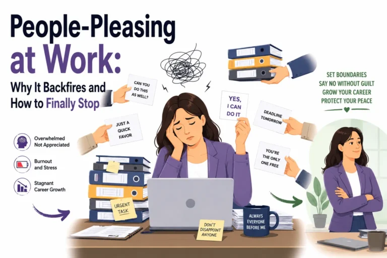 People pleasing at work illustration showing an overwhelmed employee surrounded by tasks and workplace demands before learning to set healthy boundaries