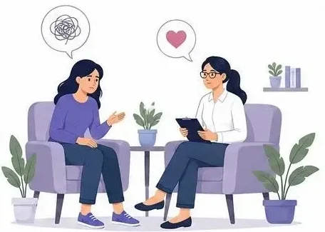Vector illustration of therapy support for overcoming self-sabotage patterns.